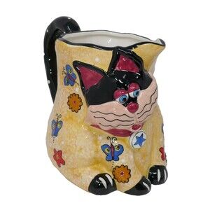 CBK LTD 2002 Ceramic Cat Figural Butterfly Polka Dots Pitcher